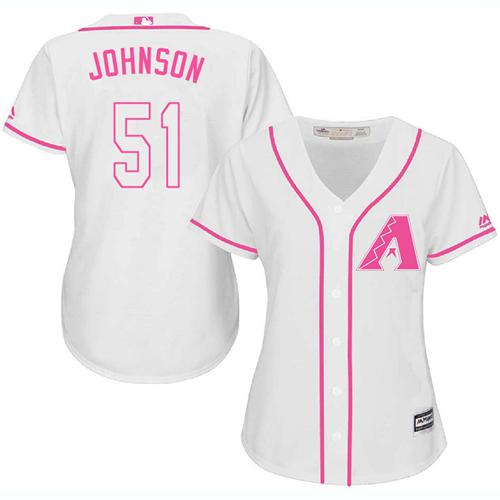 Diamondbacks #51 Randy Johnson White/Pink Fashion Women's Stitched MLB Jersey